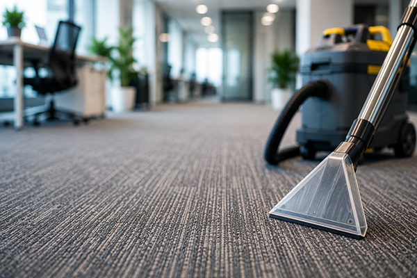 Close up of commercial carpet cleaning equipment cleaning office carpet
