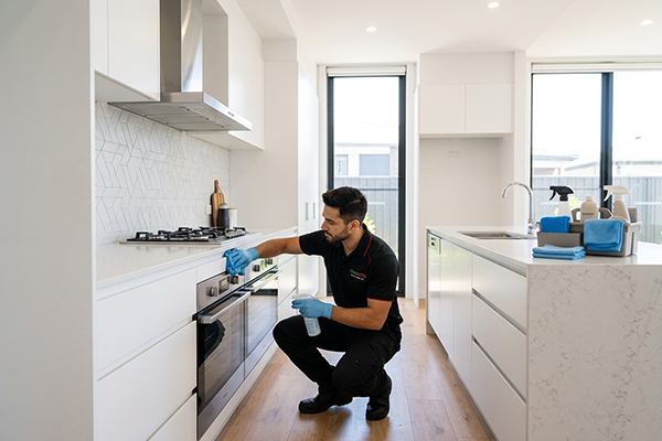 Professional cleaner cleaning a modern kitchen for end of lease cleaning in Melbourne