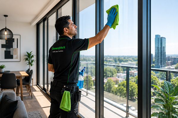 Cleaner wiping internal windows for end of lease cleaning Melbourne