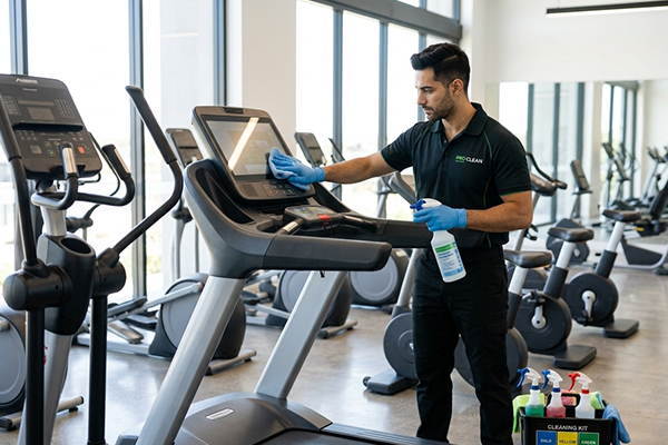 Professional cleaner disinfecting treadmill and cardio equipment in a Melbourne gym