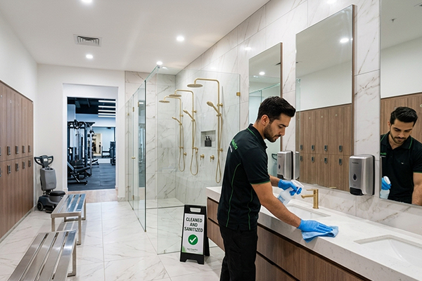 Professional cleaner sanitising modern gym bathrooms and change rooms