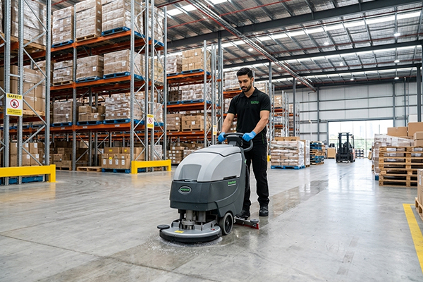 Professional cleaner operating an industrial floor scrubber inside a Melbourne warehouse