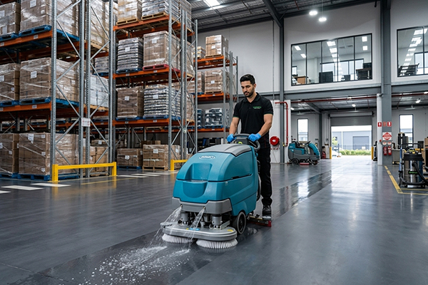 Industrial warehouse floor cleaning with floor scrubber in Melbourne