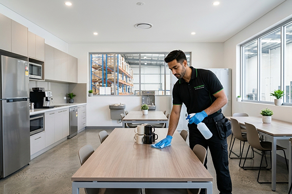 Cleaner sanitising warehouse staff lunchroom and amenities