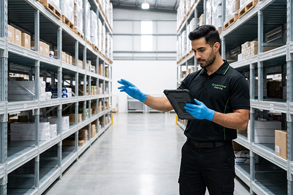 Warehouse cleaning supervisor completing quality inspection checklist